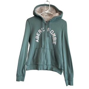 VTG Y2K Abercrombie & Fitch Sherpa Lined Full Zip Hoodie Teal Spellout Women's M